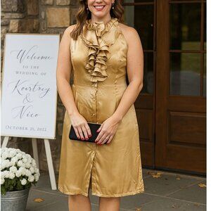 Billy Reid gold silk ruffle chest button down sleeveless cocktail dress Size 8